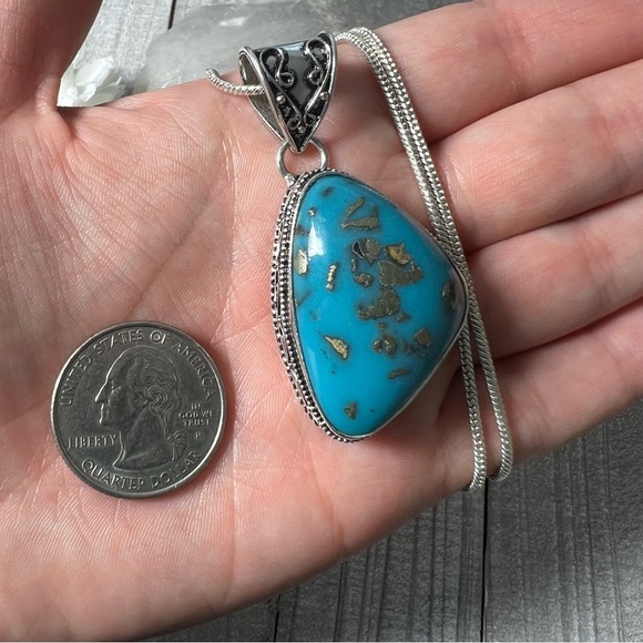 PERSIAN Turquoise Chunky Asymmetrical Gemstone Pendant Necklace Silver 925 New - Picture 8 of 11